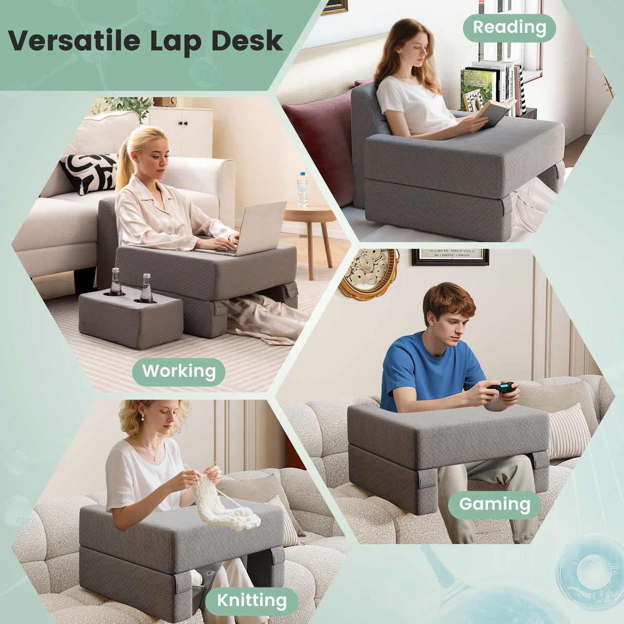 Juego de almohada de lectura de 3 piezas con escritorio para regazo extragrande con posavasos - Gris