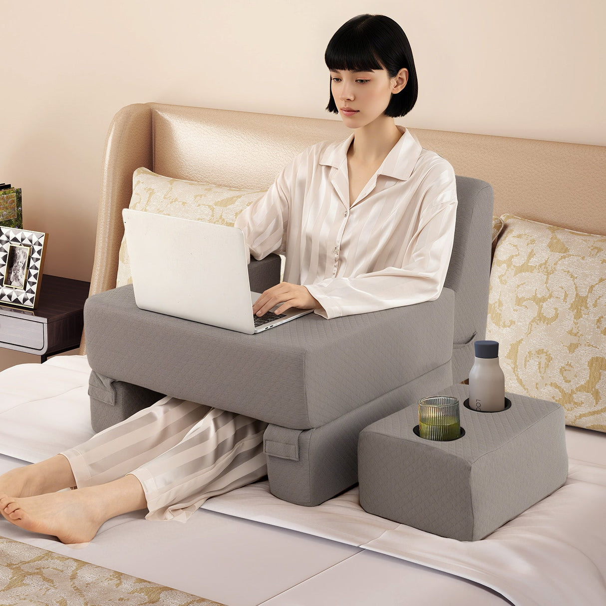 Juego de almohada de lectura de 3 piezas con escritorio para regazo extragrande con posavasos - Gris