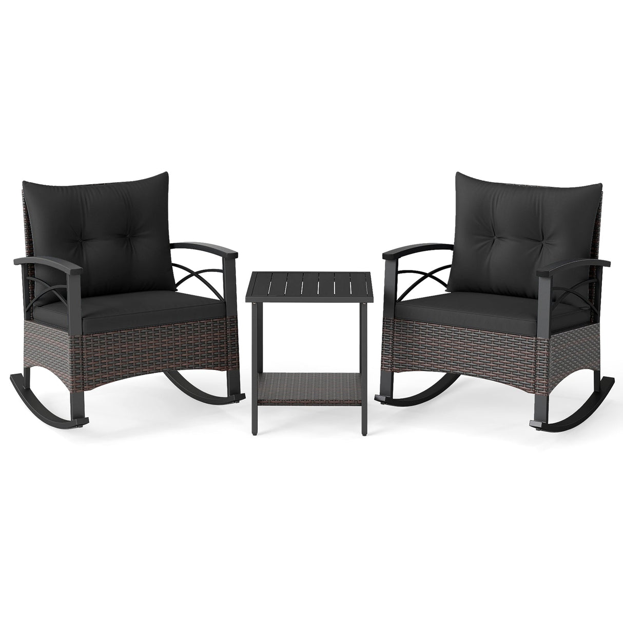 3 Piece Rocking Bistro Set PE Rattan Rocker Chairs with Acacia Wood Top Table