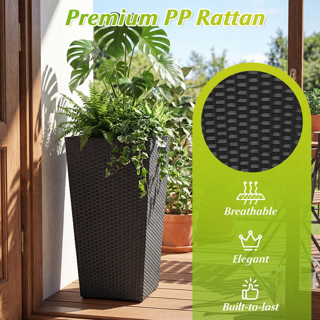 Maceteros de mimbre de 3 piezas, jardineras cónicas de ratán PP con macetas de plástico - Negro