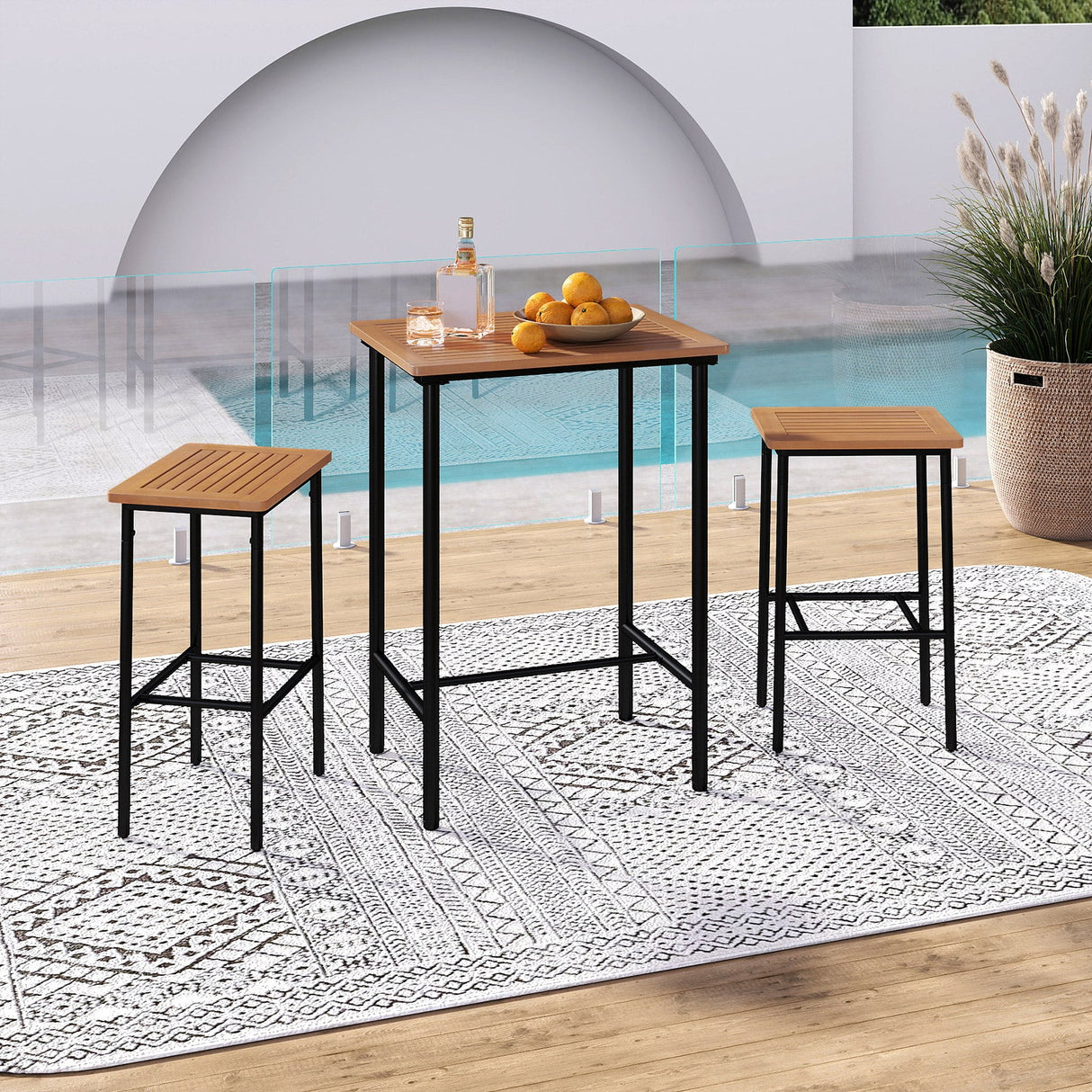 Juego de barra para patio de madera de acacia de 3 piezas, mesa rectangular con estructura metálica