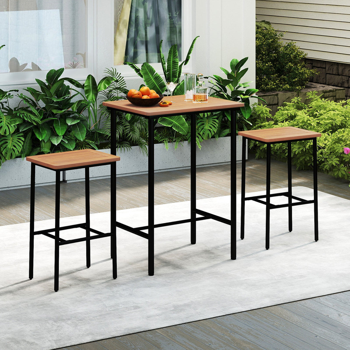 Juego de barra para patio de madera de acacia de 3 piezas, mesa rectangular con estructura metálica