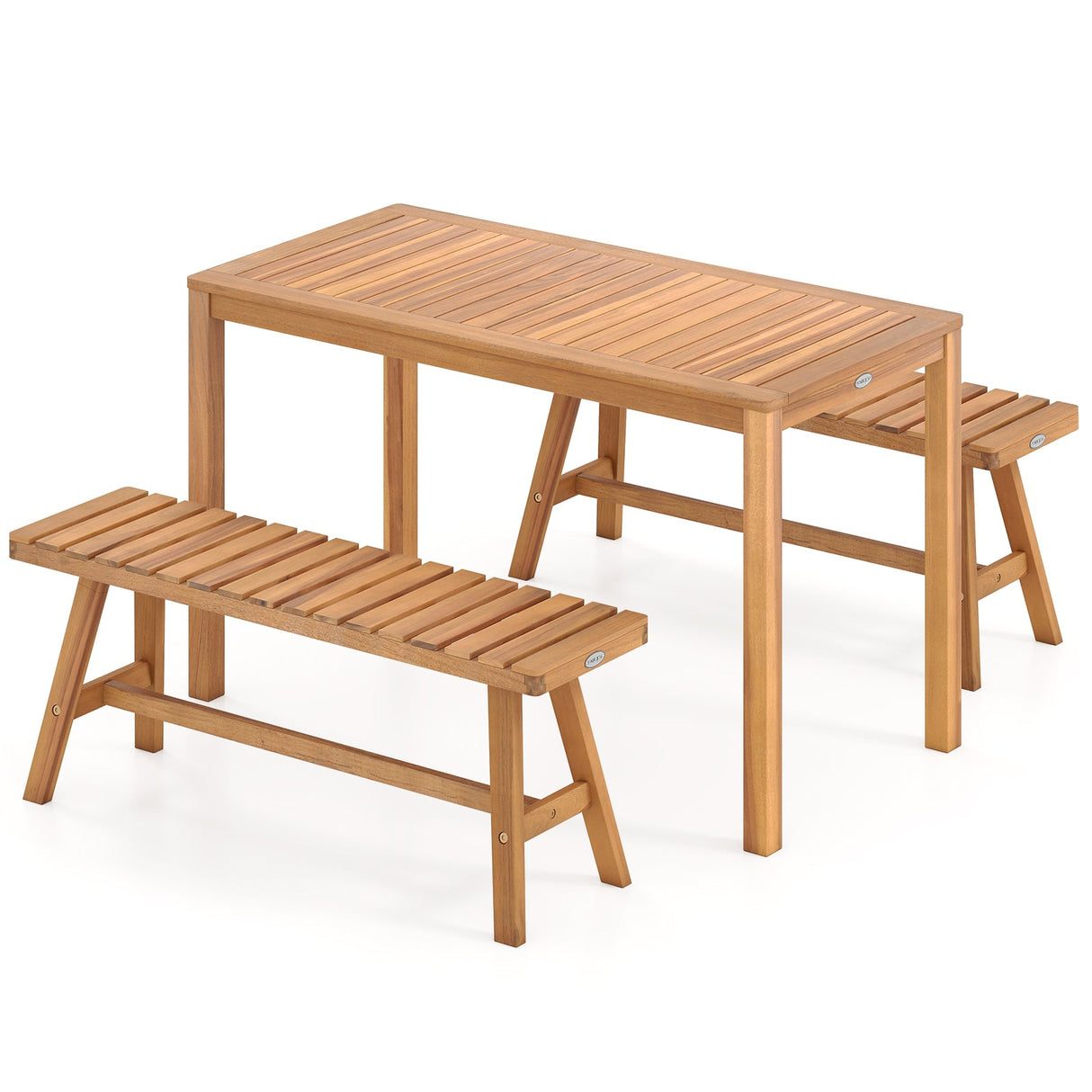 Juego de comedor de patio de madera de acacia de 3 piezas, mesa rectangular y bancos para exteriores con asientos de listones