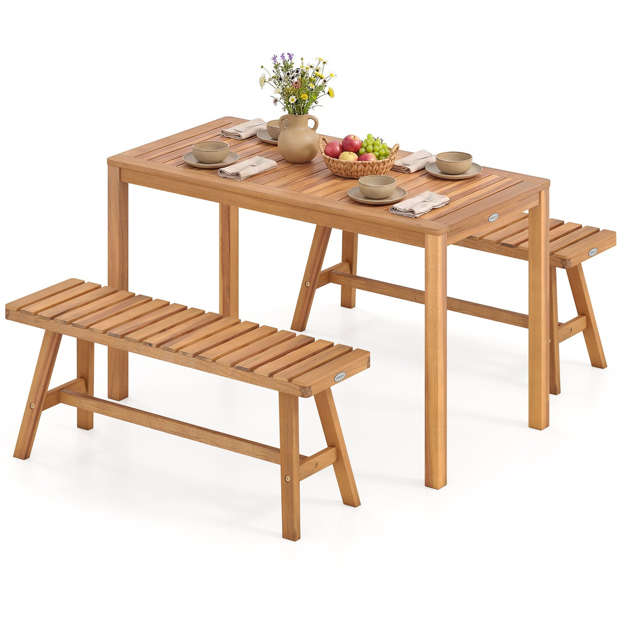 Juego de comedor de patio de madera de acacia de 3 piezas, mesa rectangular y bancos para exteriores con asientos de listones