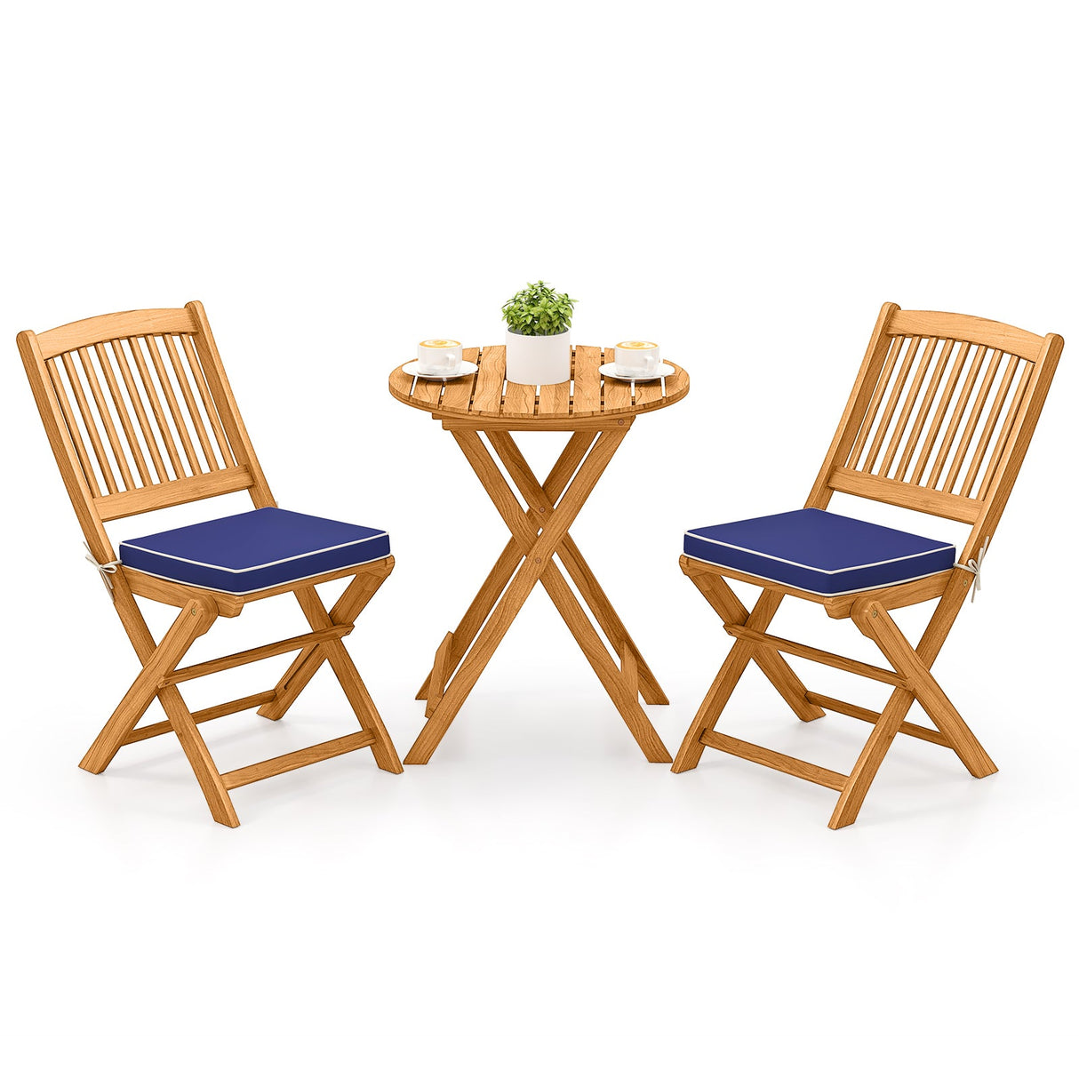 3 Pieces Acacia Wood Patio Folding Bistro Set with Soft Cushions