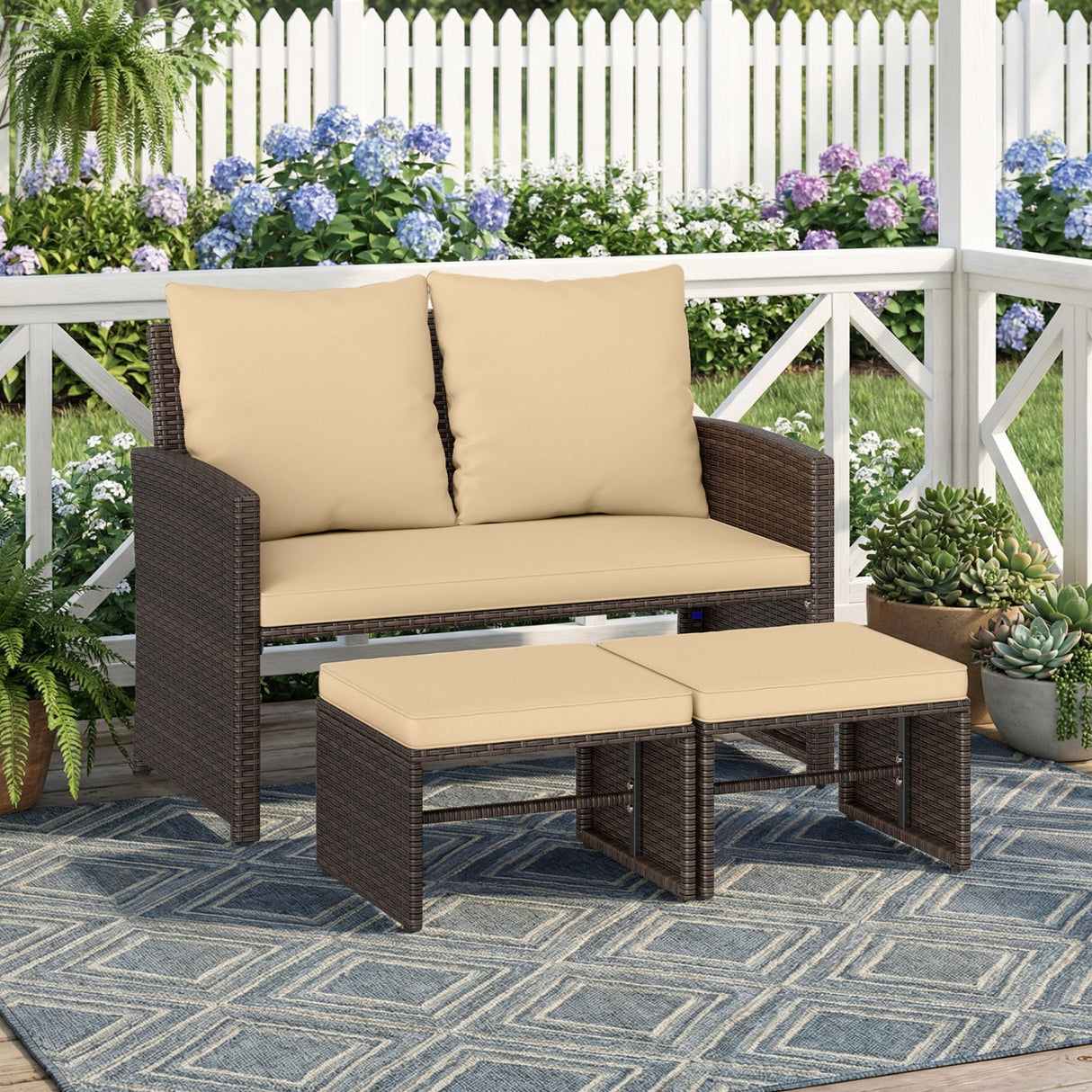 Juego de muebles de mimbre sintético de 3 piezas para patio exterior con cojines - Beige
