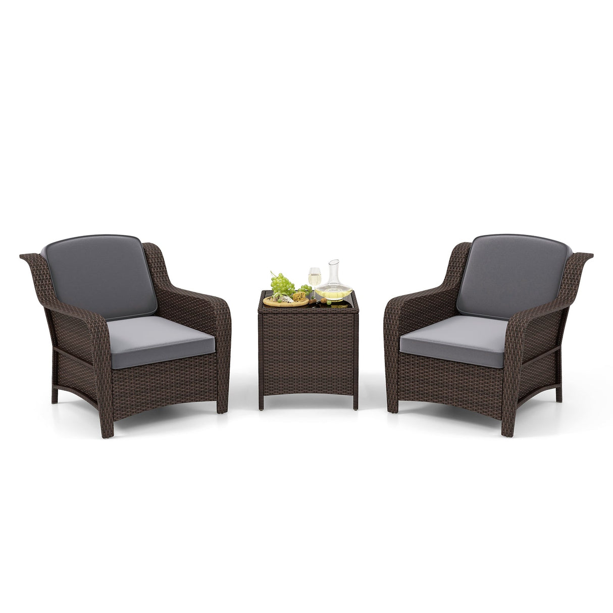 Juego de muebles de ratán para exteriores de 3 piezas con cojines y mesa de centro de cristal templado - Gris
