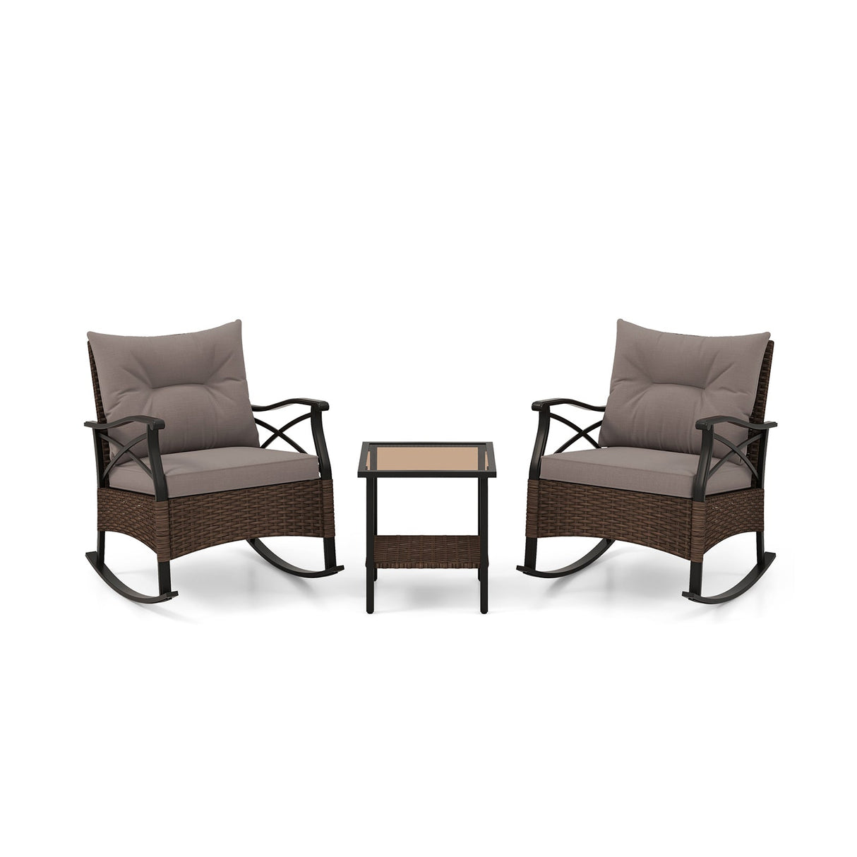 3 Pieces Outdoor Rattan Rocking Chairs Set with 2-Tier Side Table for Garden Backyard-Brown