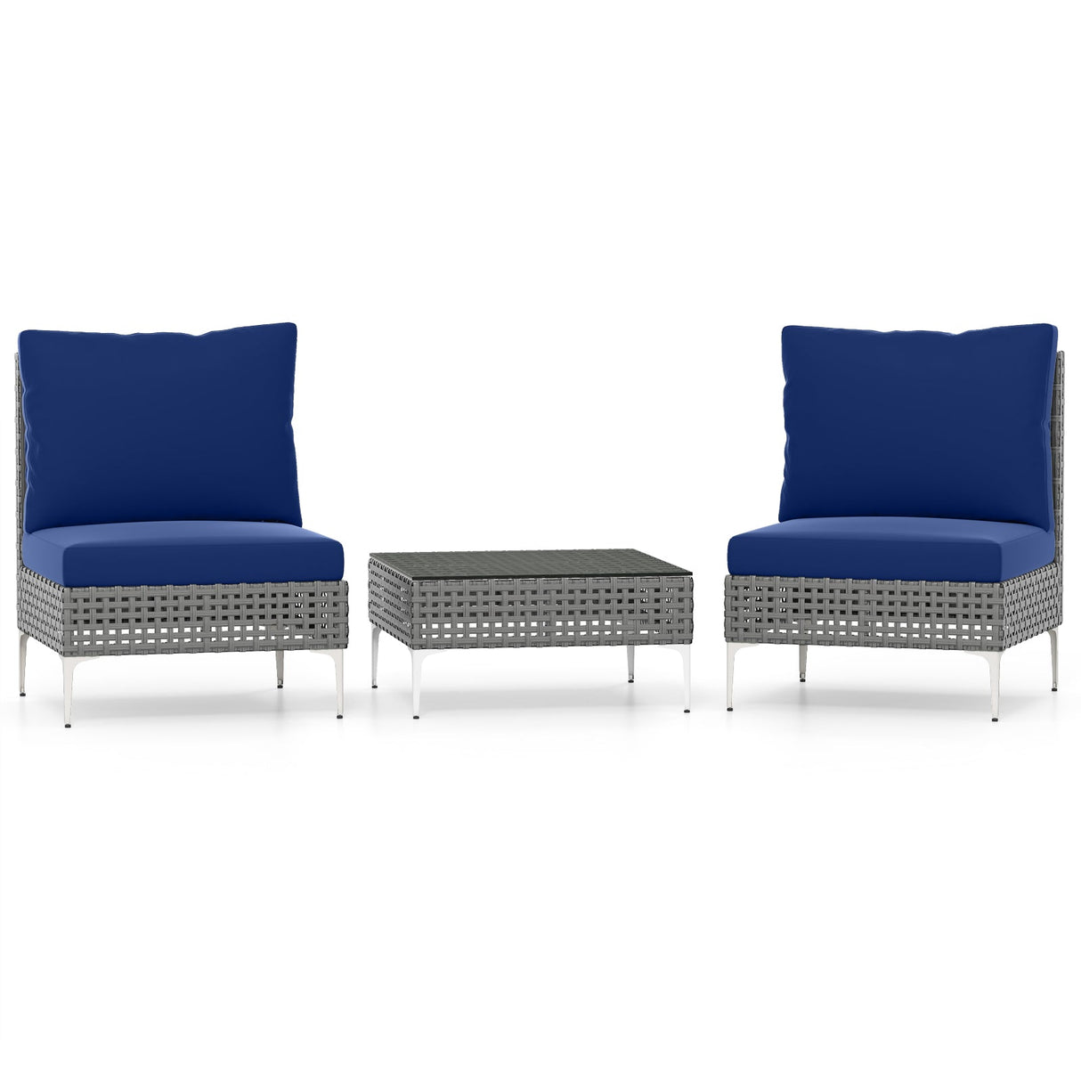 3 sillones de conversación de ratán PE con mesa de centro de vidrio templado para jardín o porche - Azul marino