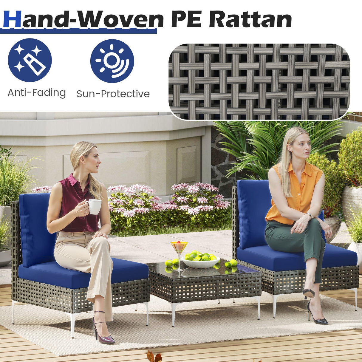 3 sillones de conversación de ratán PE con mesa de centro de vidrio templado para jardín o porche - Azul marino