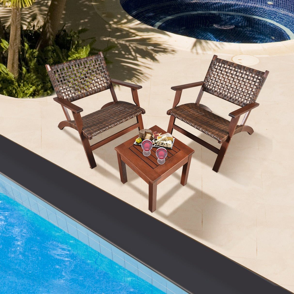 Juego de muebles de mimbre para patio exterior de madera de 3 piezas