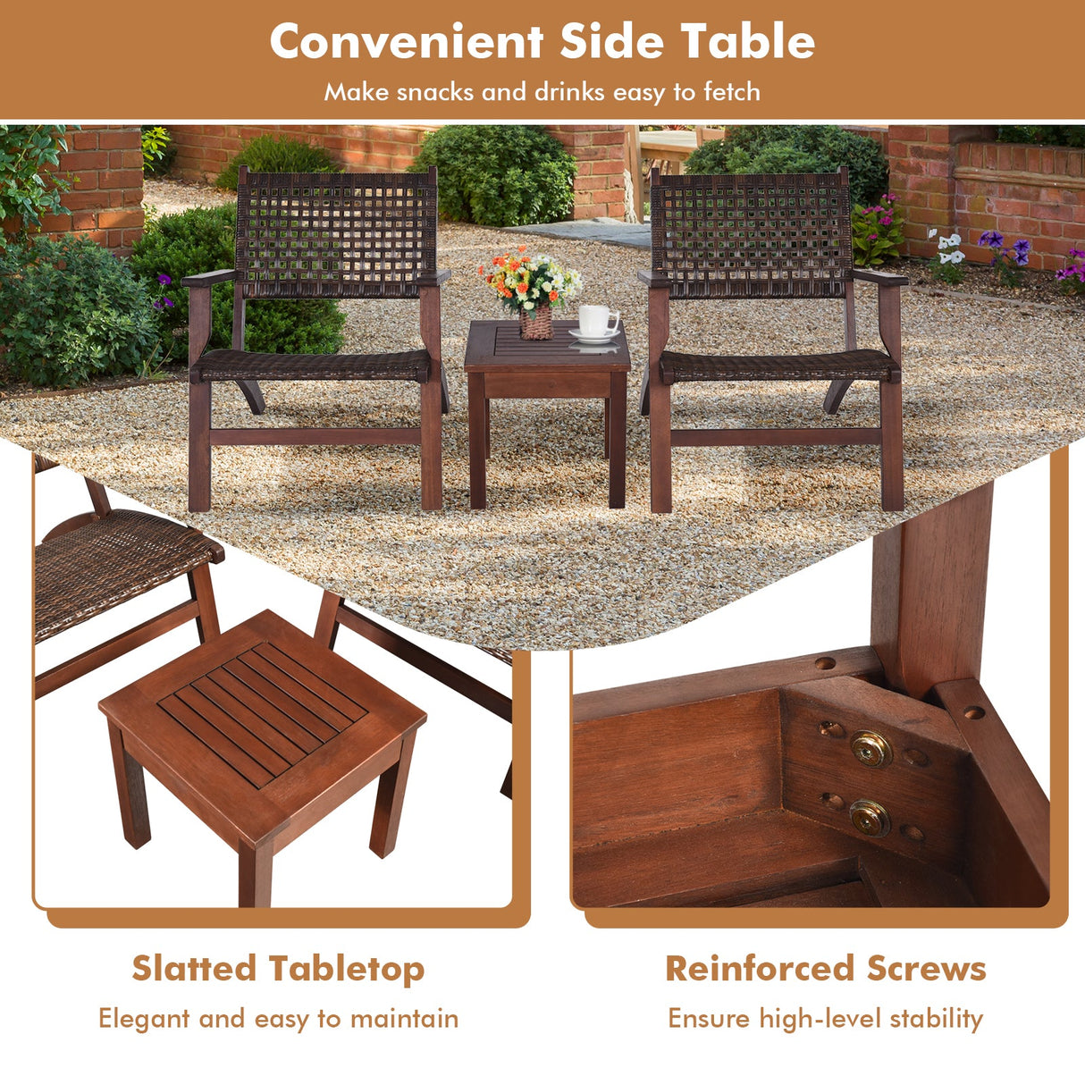 Juego de muebles de mimbre para patio exterior de madera de 3 piezas