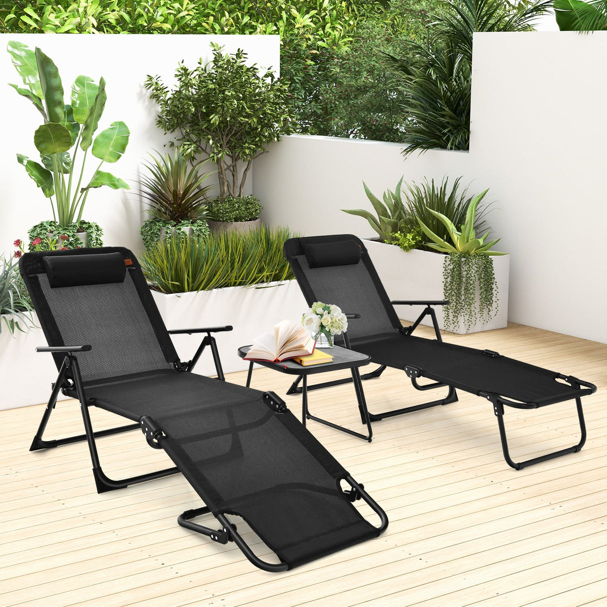 Juego de 3 tumbonas plegables para patio con mesa de PVC - Negro