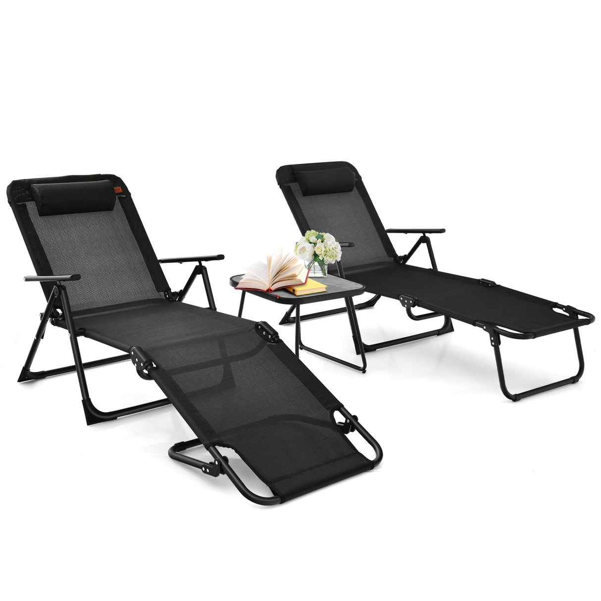 Juego de 3 tumbonas plegables para patio con mesa de PVC - Negro