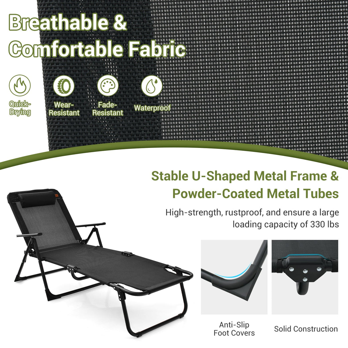 Juego de 3 tumbonas plegables para patio con mesa de PVC - Negro