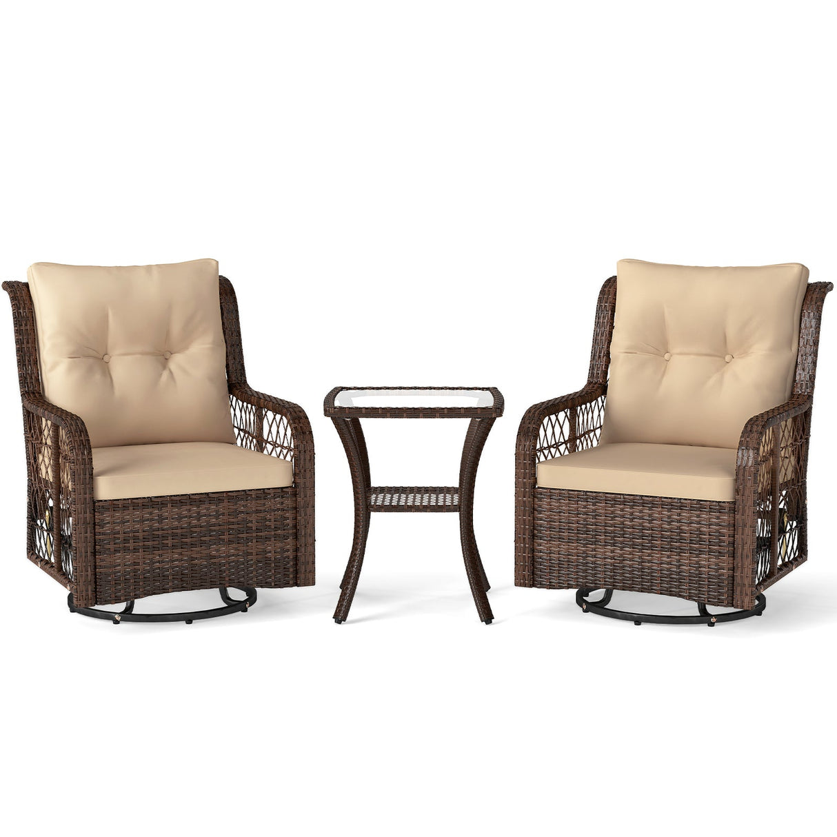 Juego de muebles de patio de 3 piezas con sillas giratorias de mimbre PE, mesa auxiliar de 2 niveles y cojines
