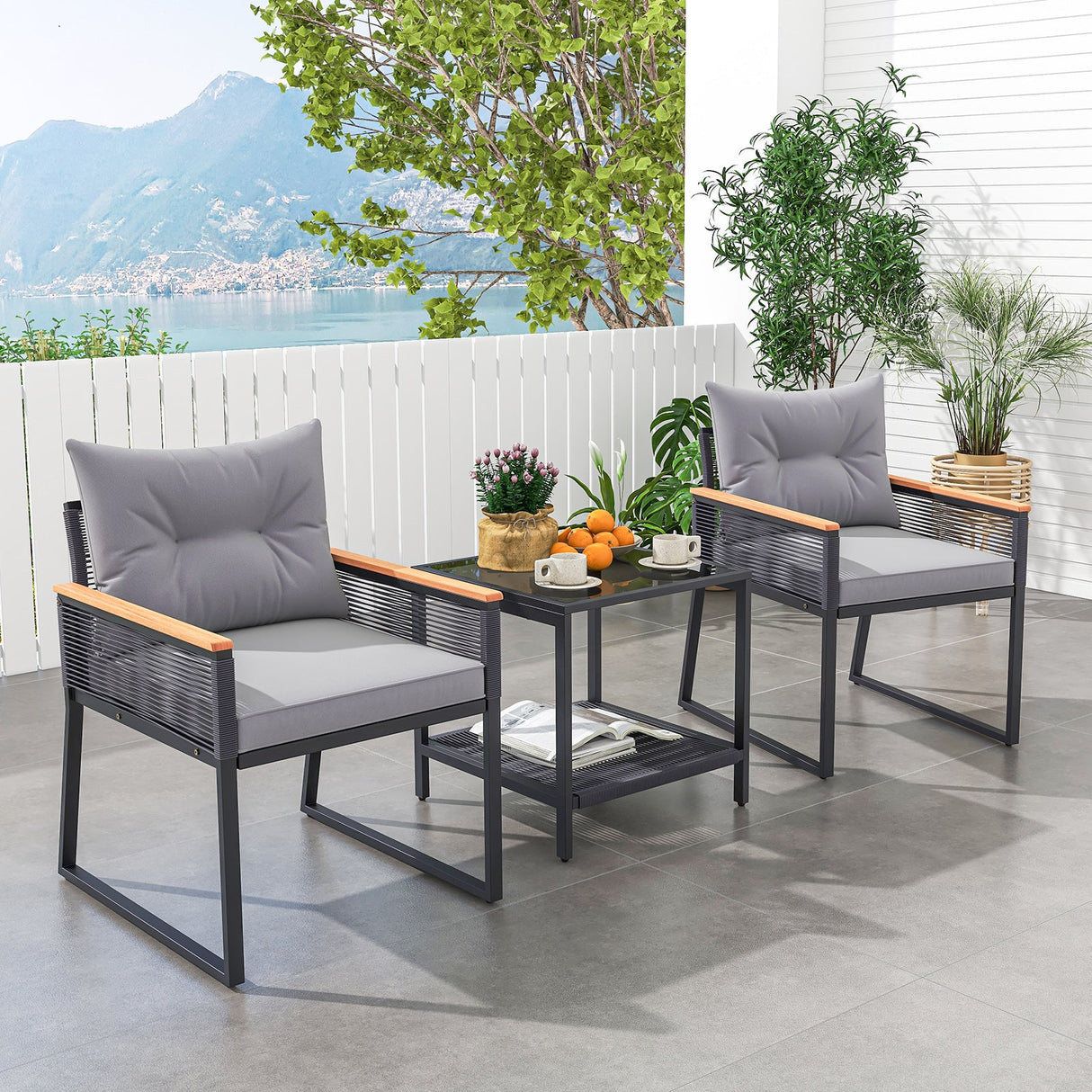 Juego de muebles de patio de 3 piezas con mesa de centro de 2 niveles y cojines de asiento suaves - Gris