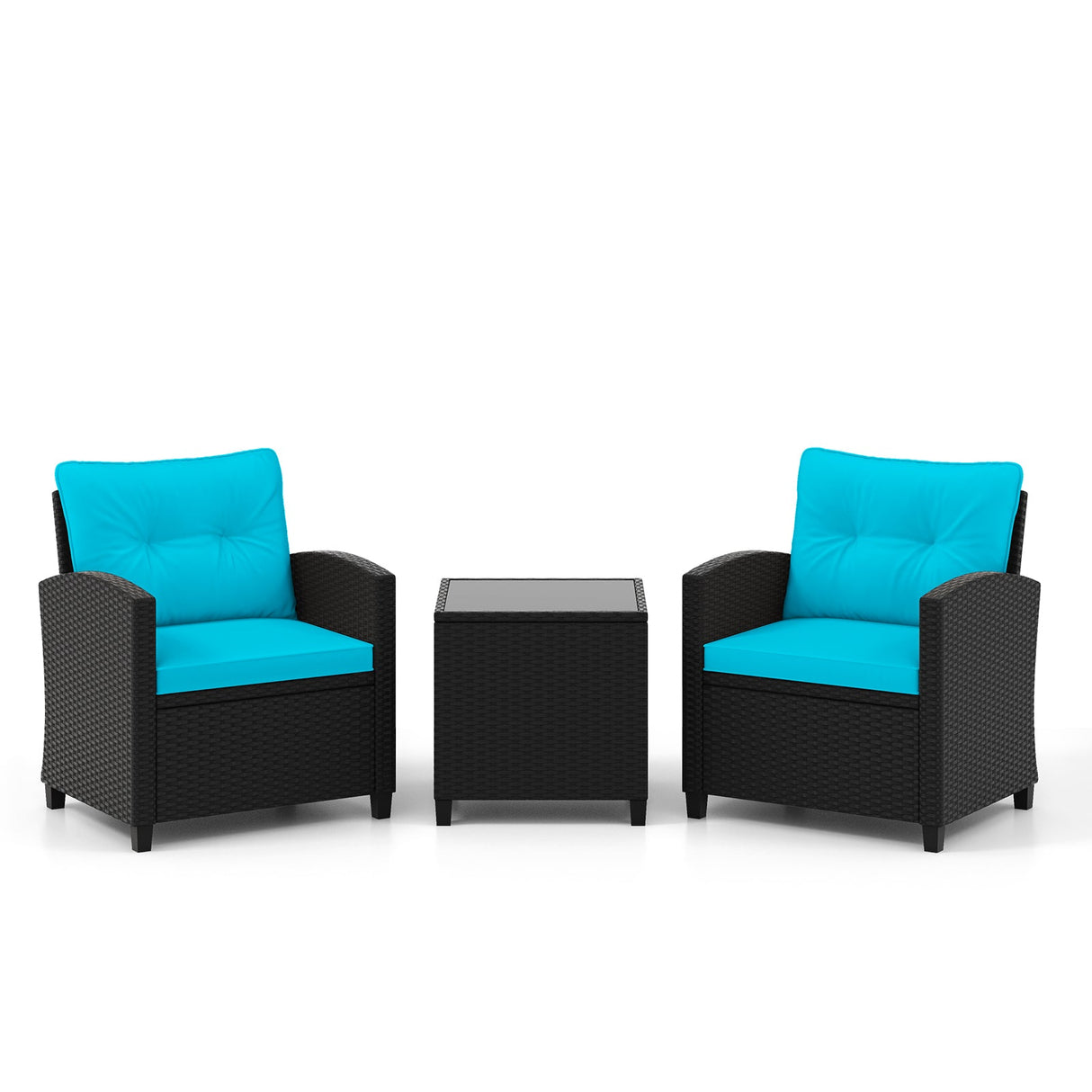 Juego de muebles de patio de 3 piezas con mesa de centro de cristal templado