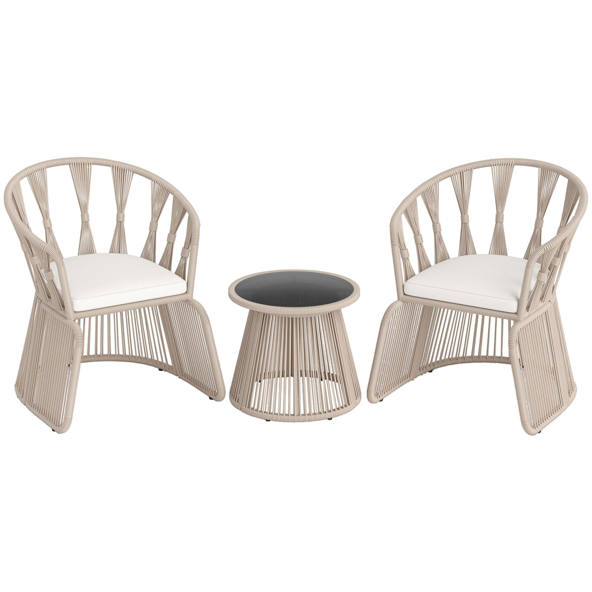 Juego de 3 piezas de sillas de jardín con sillones de cuerda trenzada y cojines de asiento-Blanco roto