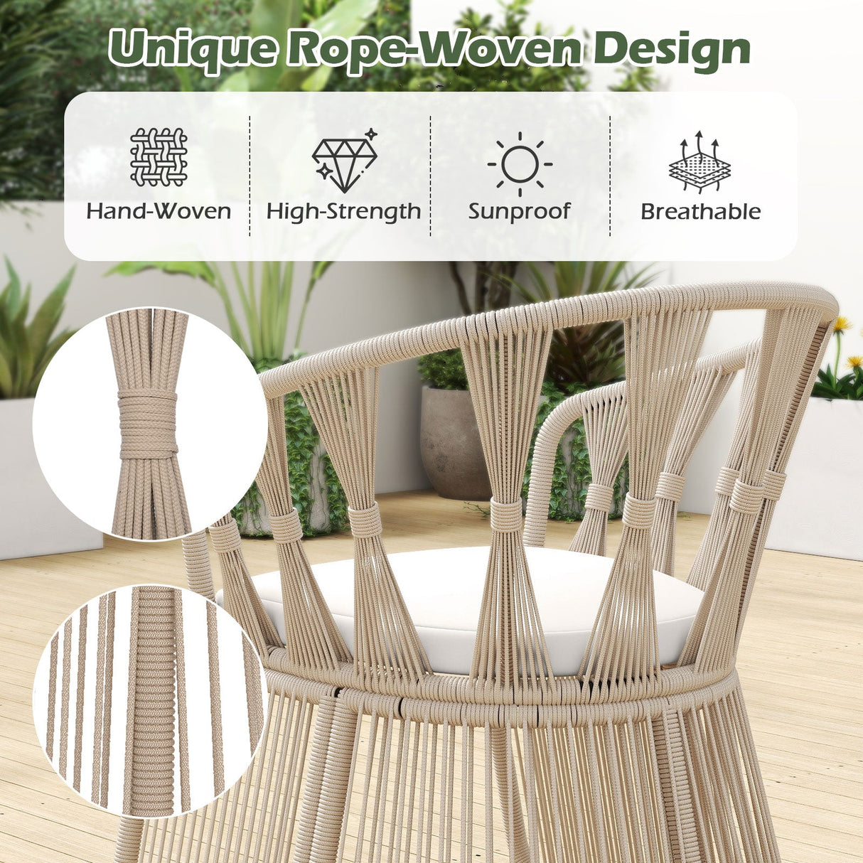 Juego de 3 piezas de sillas de jardín con sillones de cuerda trenzada y cojines de asiento-Blanco roto