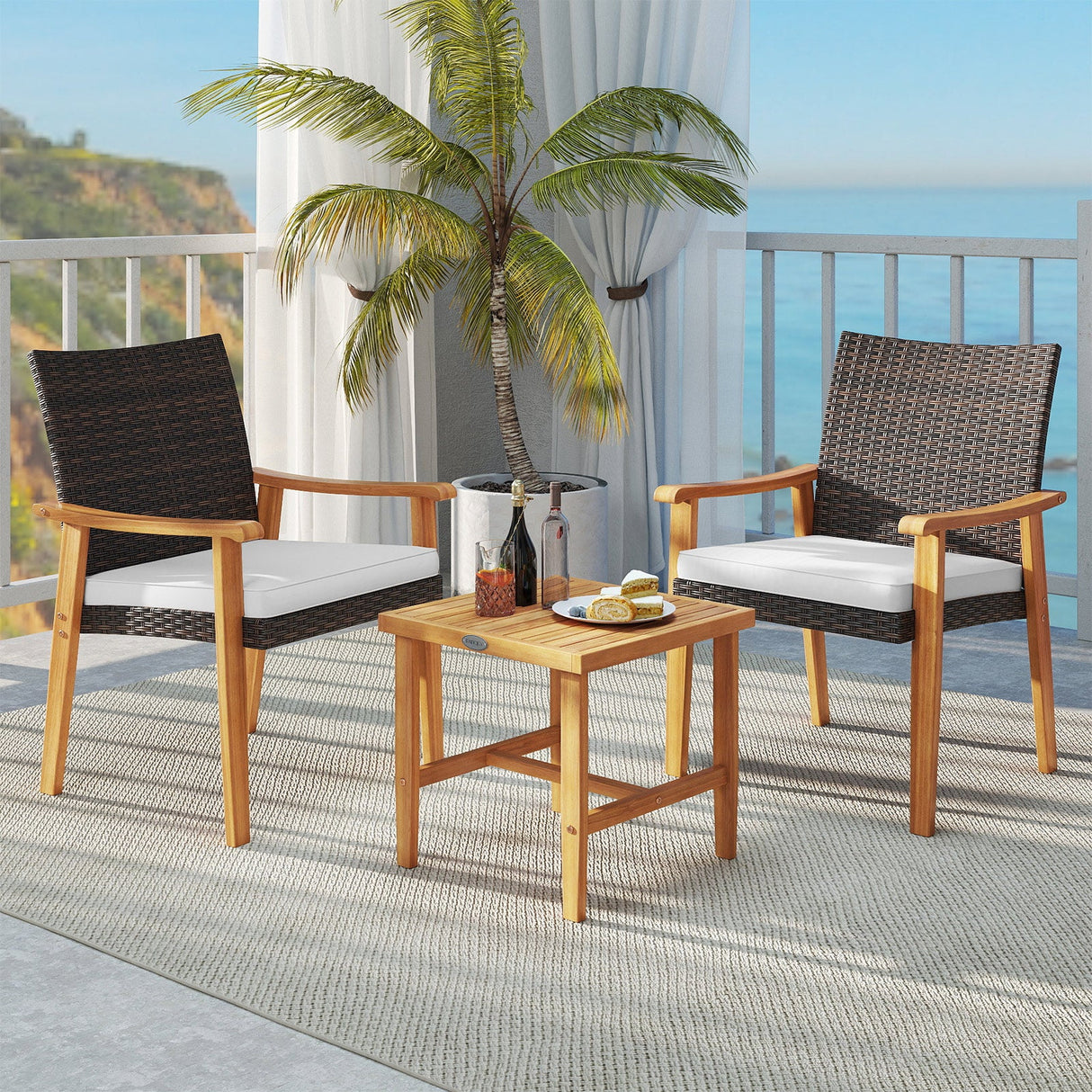 Juego de muebles de mimbre de PE para patio de 3 piezas, de madera de acacia, juego de bistró para conversación al aire libre, blanco