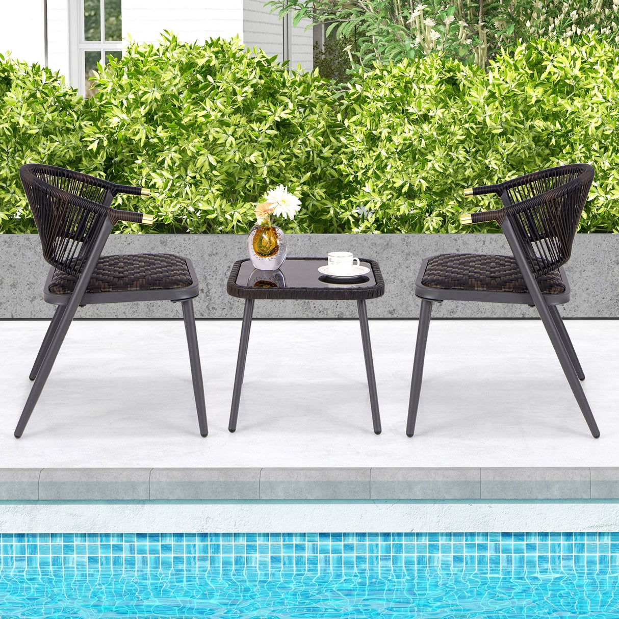 Juego de muebles de patio de ratán de 3 piezas para la piscina del patio trasero - Marrón y negro