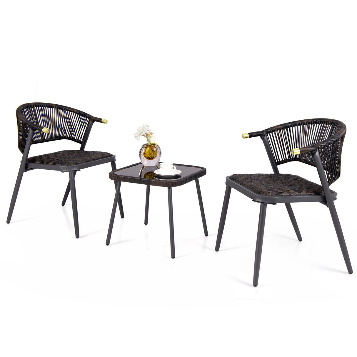 Juego de muebles de patio de ratán de 3 piezas para la piscina del patio trasero - Marrón y negro