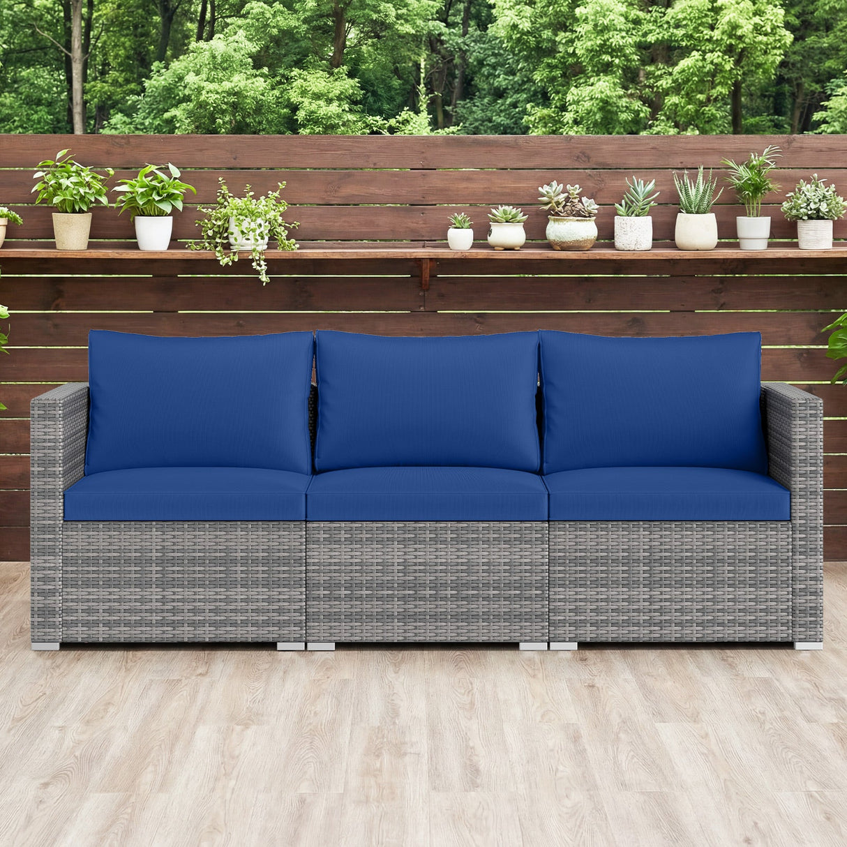 Juego de sofá seccional de patio de 3 piezas, de ratán PE, juego de muebles modulares con cojines suaves