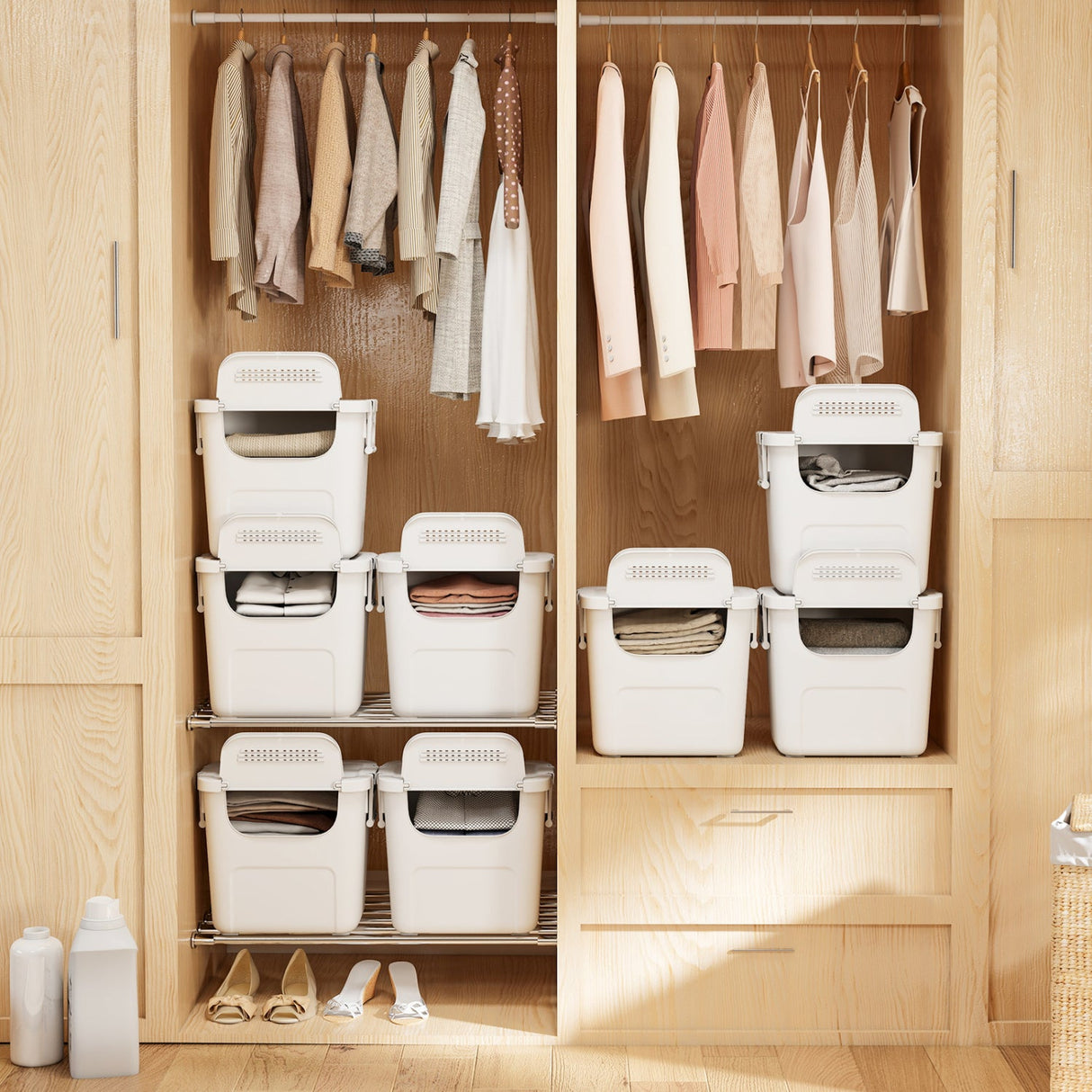 3 Contenedores de almacenamiento de plástico apilables con puerta frontal y asas laterales - Blancos