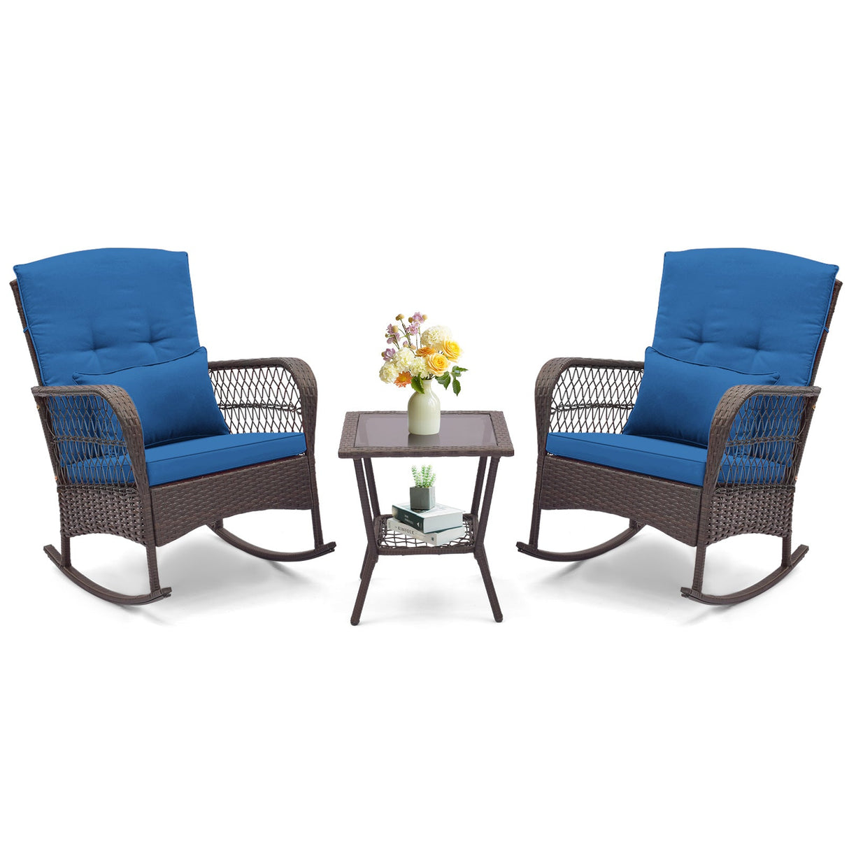 Juego de bistró mecedora de 3 piezas con mesa de centro de 2 niveles