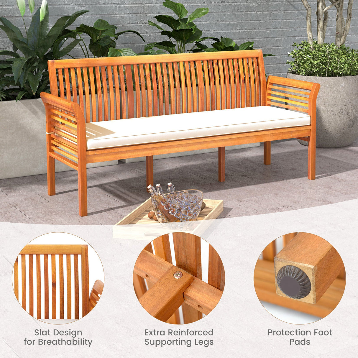 Banco de madera de 62.5 pulgadas para patio de 3 asientos con cojines suaves - Blanco