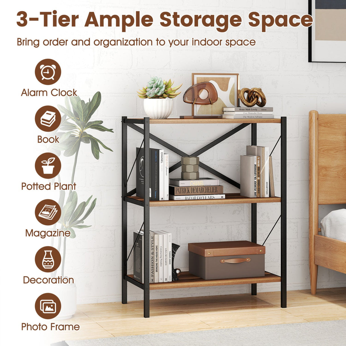 3-Tier Bookshelf with Heavy-Duty Metal Frame