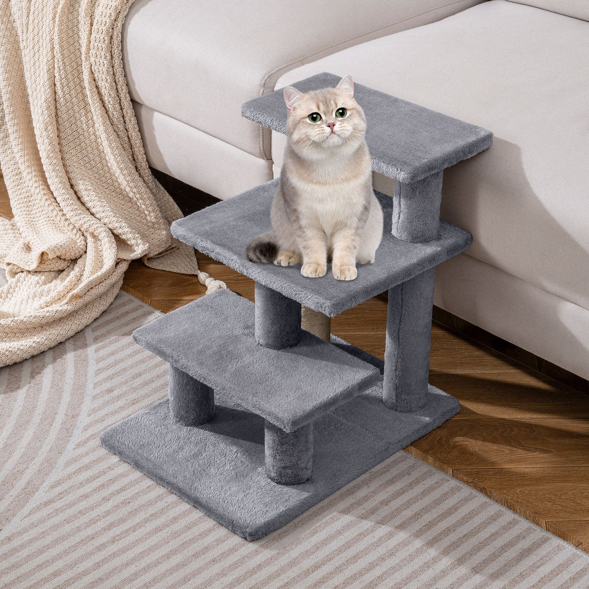 Escaleras para Gatos de 3 Escalones de 19 Pulgadas con Peluche y Rascadores para Cama Alta o Sofá-Gris