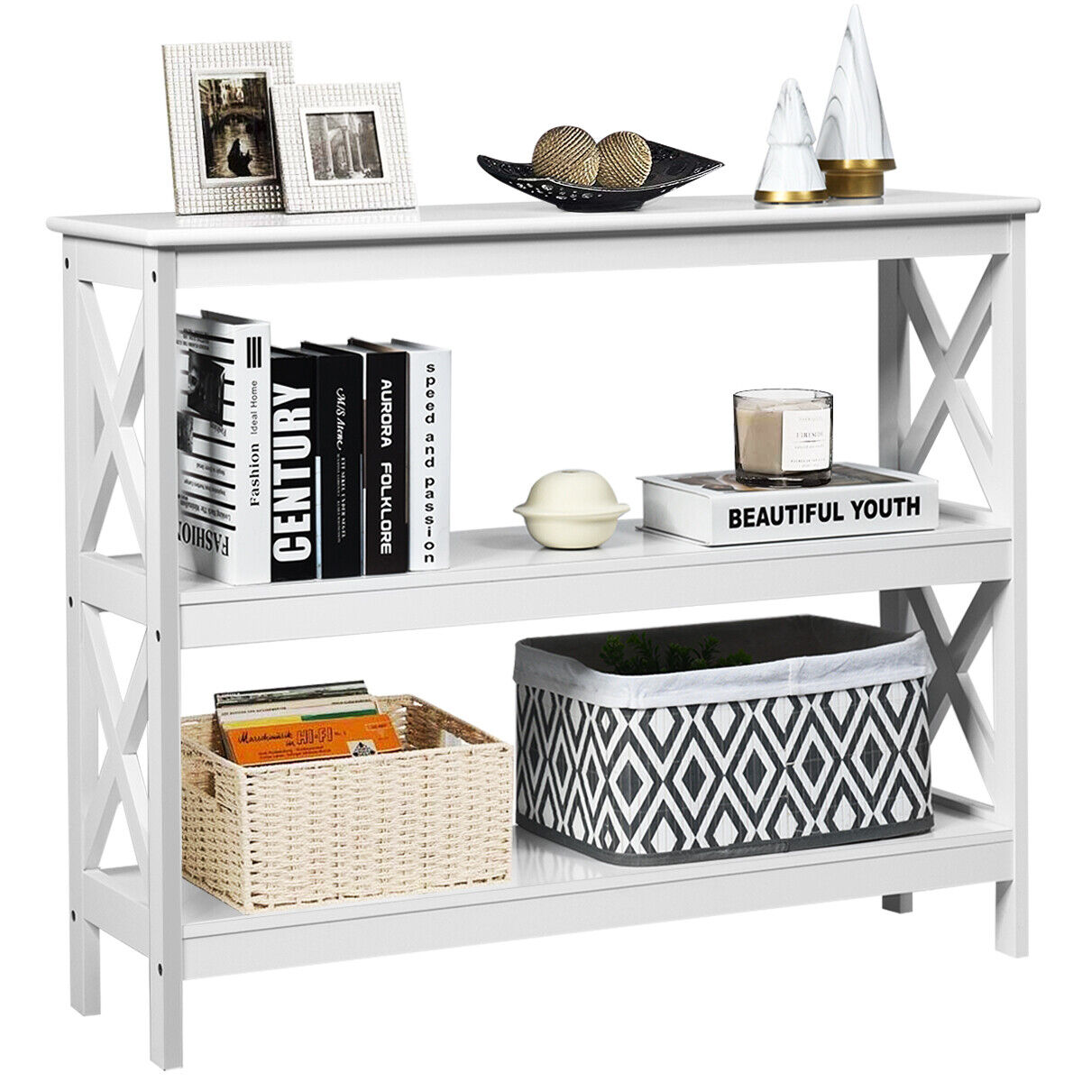 Mesa auxiliar decorativa de sofá con diseño en X y 3 niveles