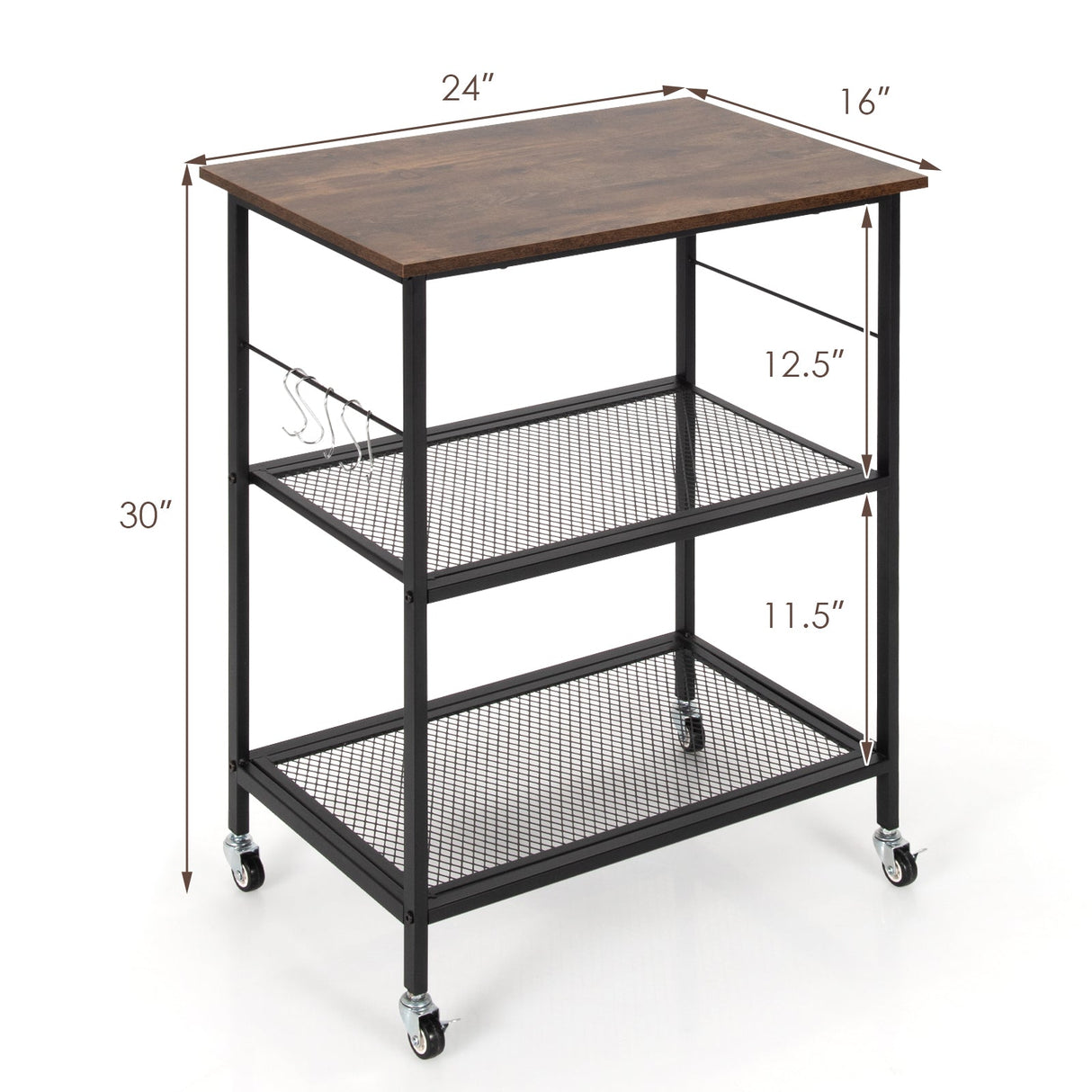 3-Tier Kitchen Utility Industrial Cart with Storage-Brown