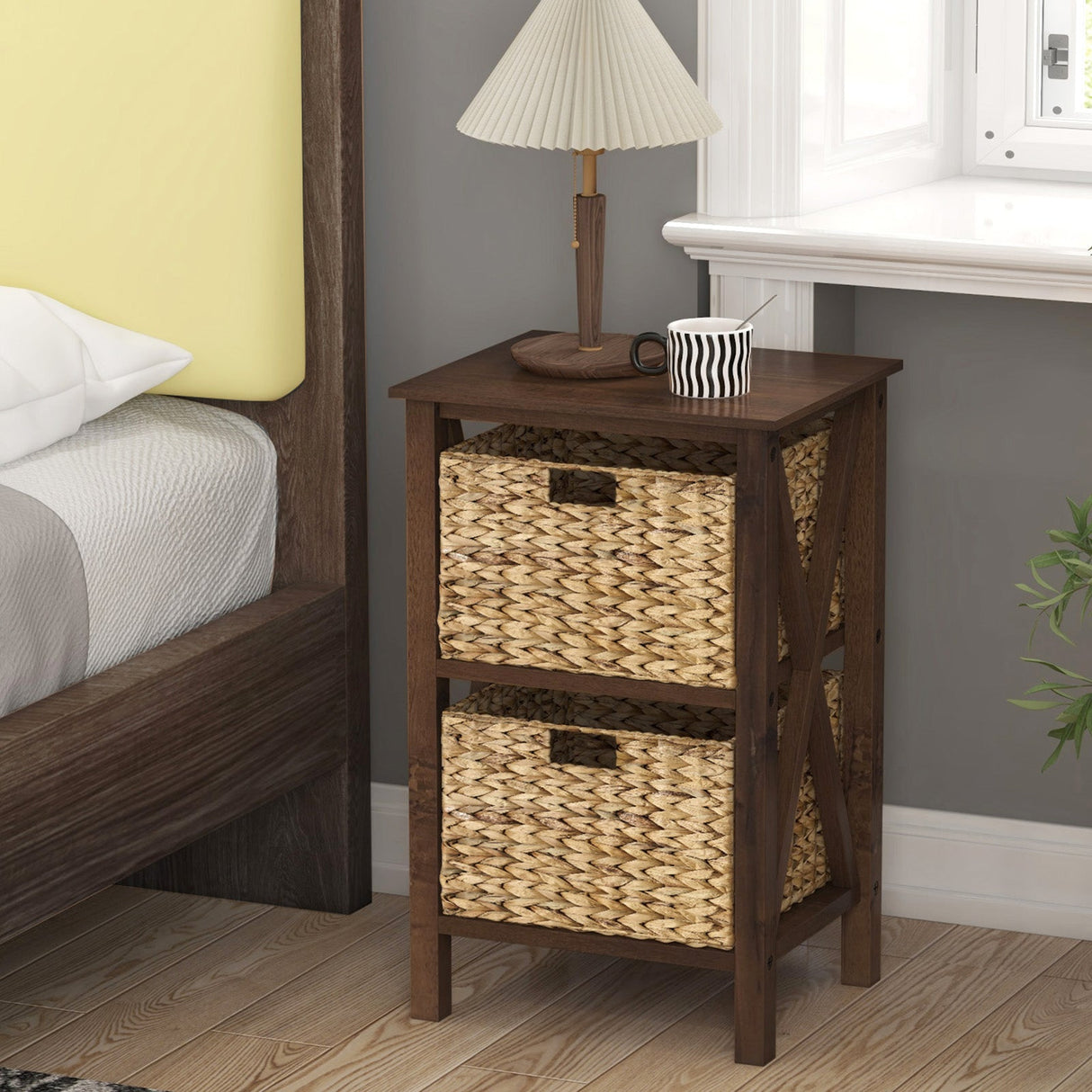 3/4-Tier Nightstand with 2 Seagrass Baskets Narrow X-Design-3