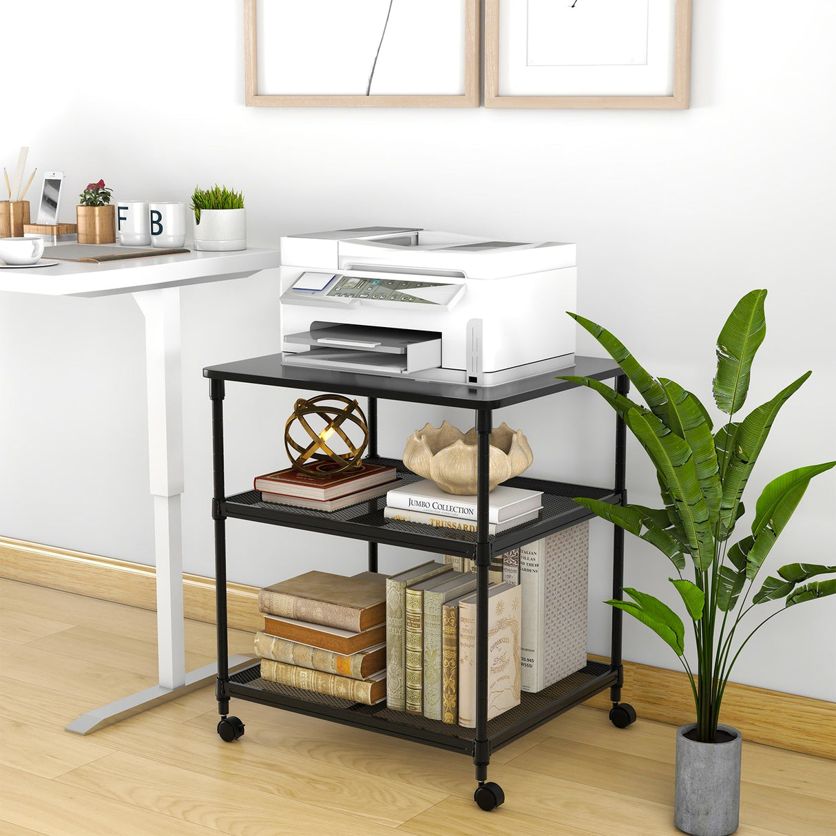 Mesa auxiliar para impresora de 3 niveles con estante ajustable y ruedas giratorias