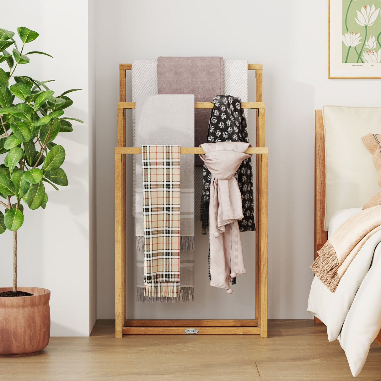 Toallero de madera de teca de 3 niveles con 3 barras transversales para colgar