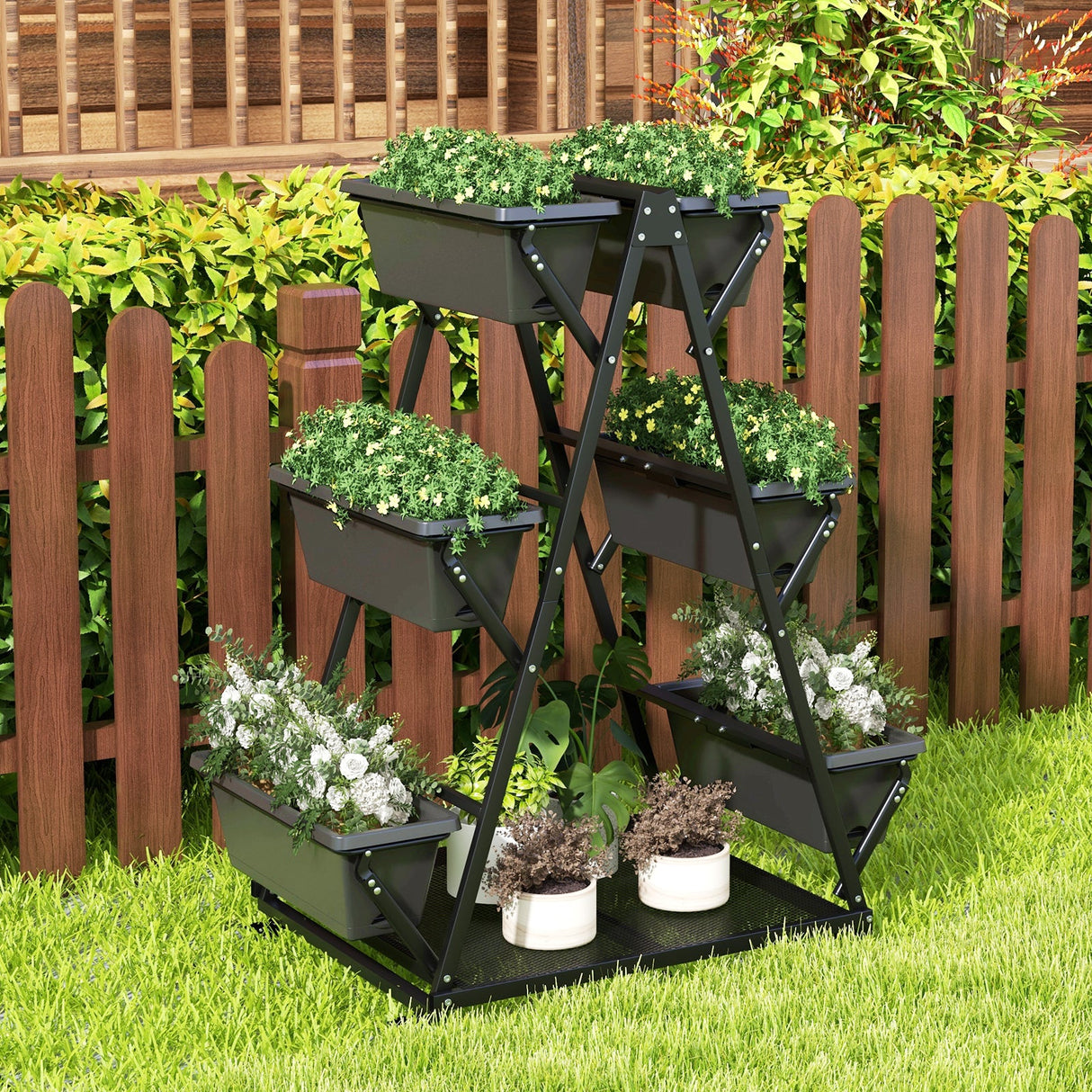 Huerto urbano vertical de 3 niveles con 4 ruedas y 6 jardineras - Negro