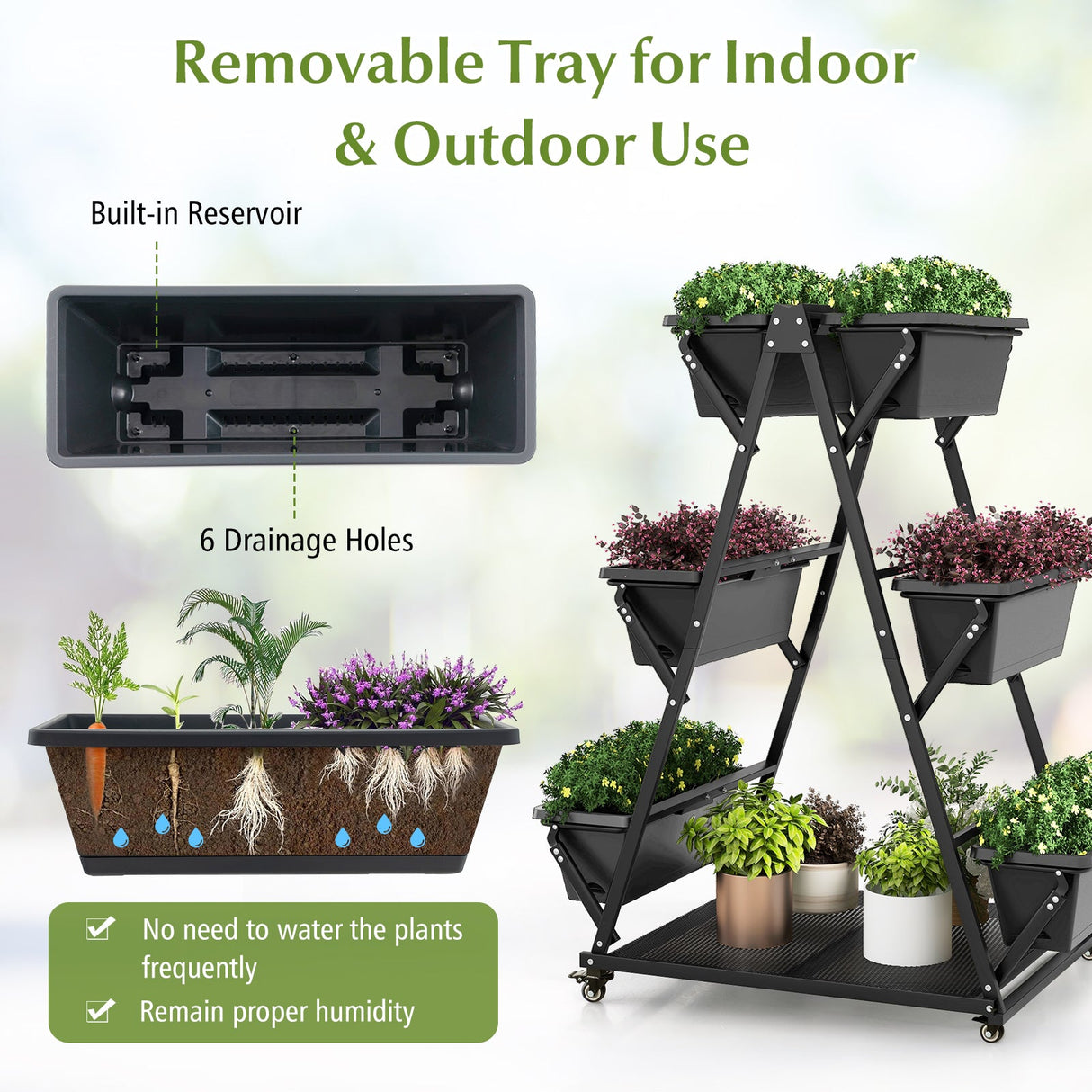 Huerto urbano vertical de 3 niveles con 4 ruedas y 6 jardineras - Negro