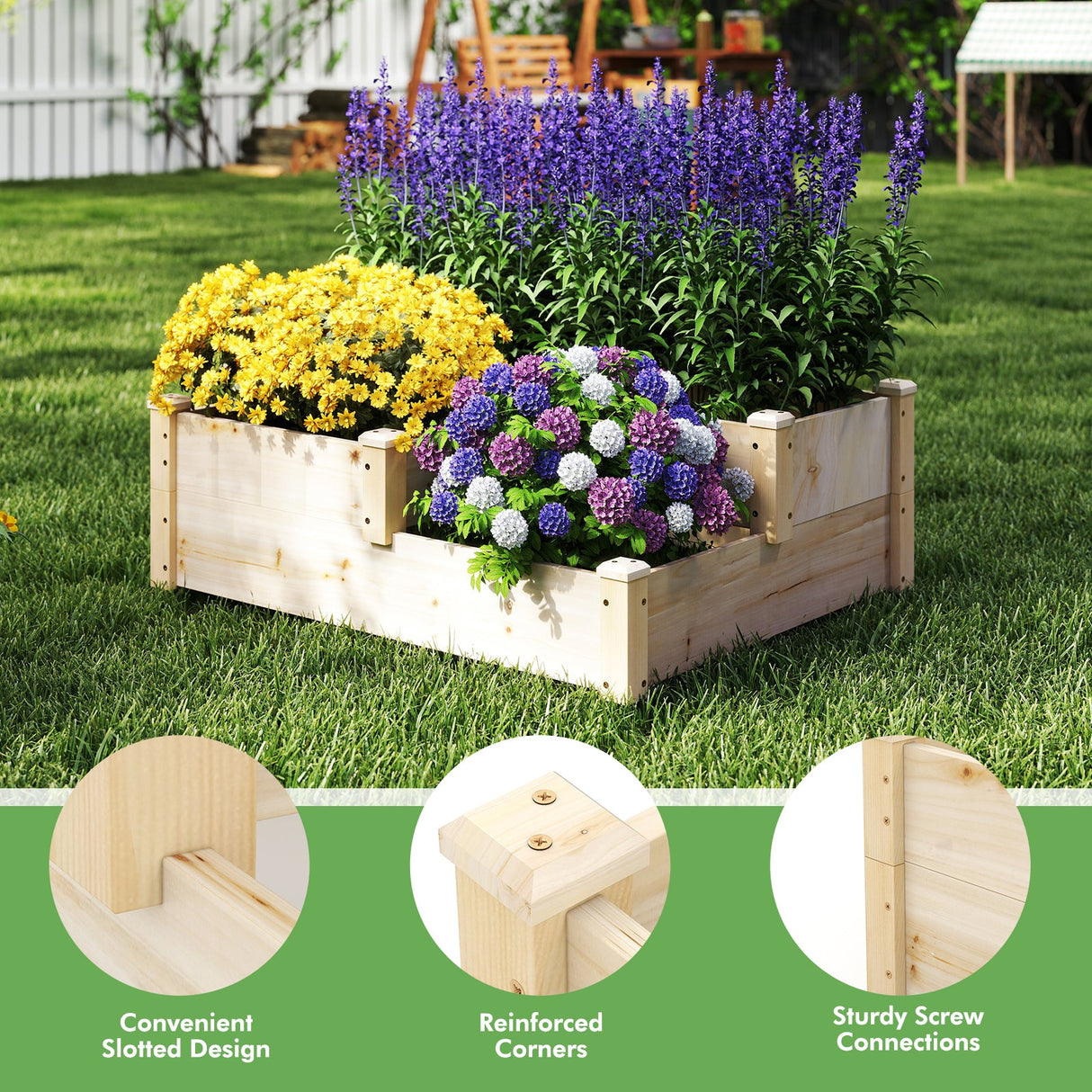 Maceta de madera de 3 niveles con base abierta - Natural