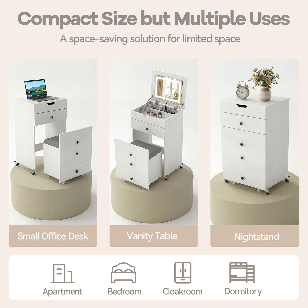 3-in-1 Small Vanity Desk Set with Flip-top Mirror and Lights with Drawers and Stool-White