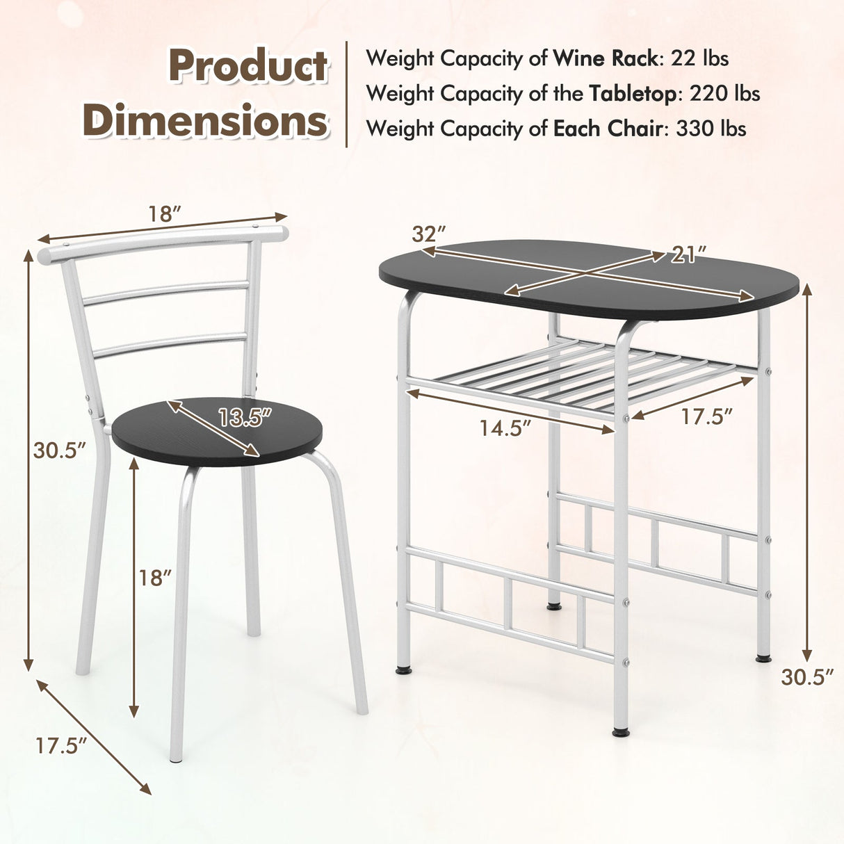 3 pcs Home Kitchen Bistro Pub Dining Table 2 Chairs Set