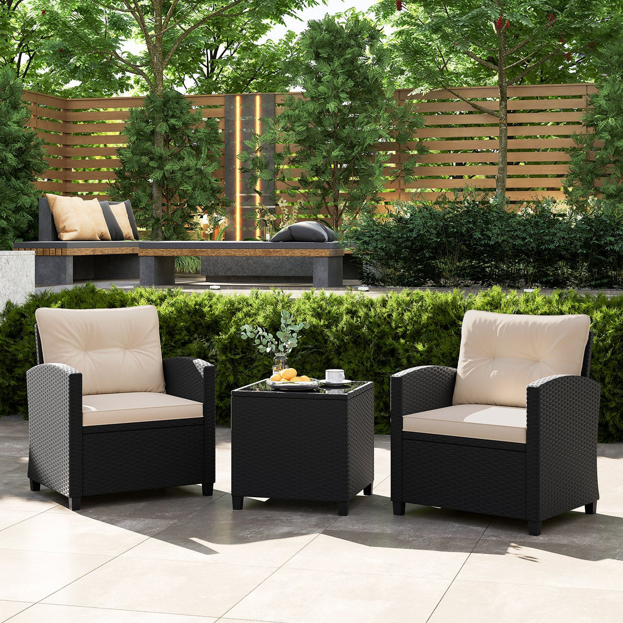 Juego de muebles de patio de 3 piezas con mesa de centro de cristal templado