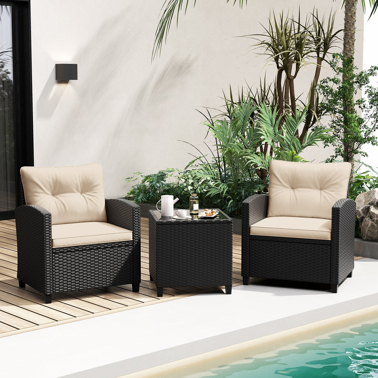 Juego de muebles de patio de 3 piezas con mesa de centro de cristal templado