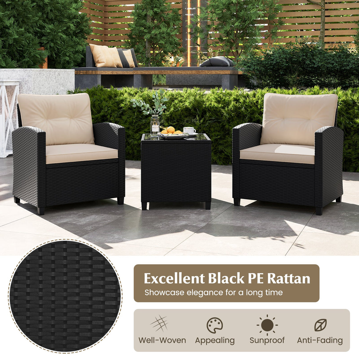 Juego de muebles de patio de 3 piezas con mesa de centro de cristal templado