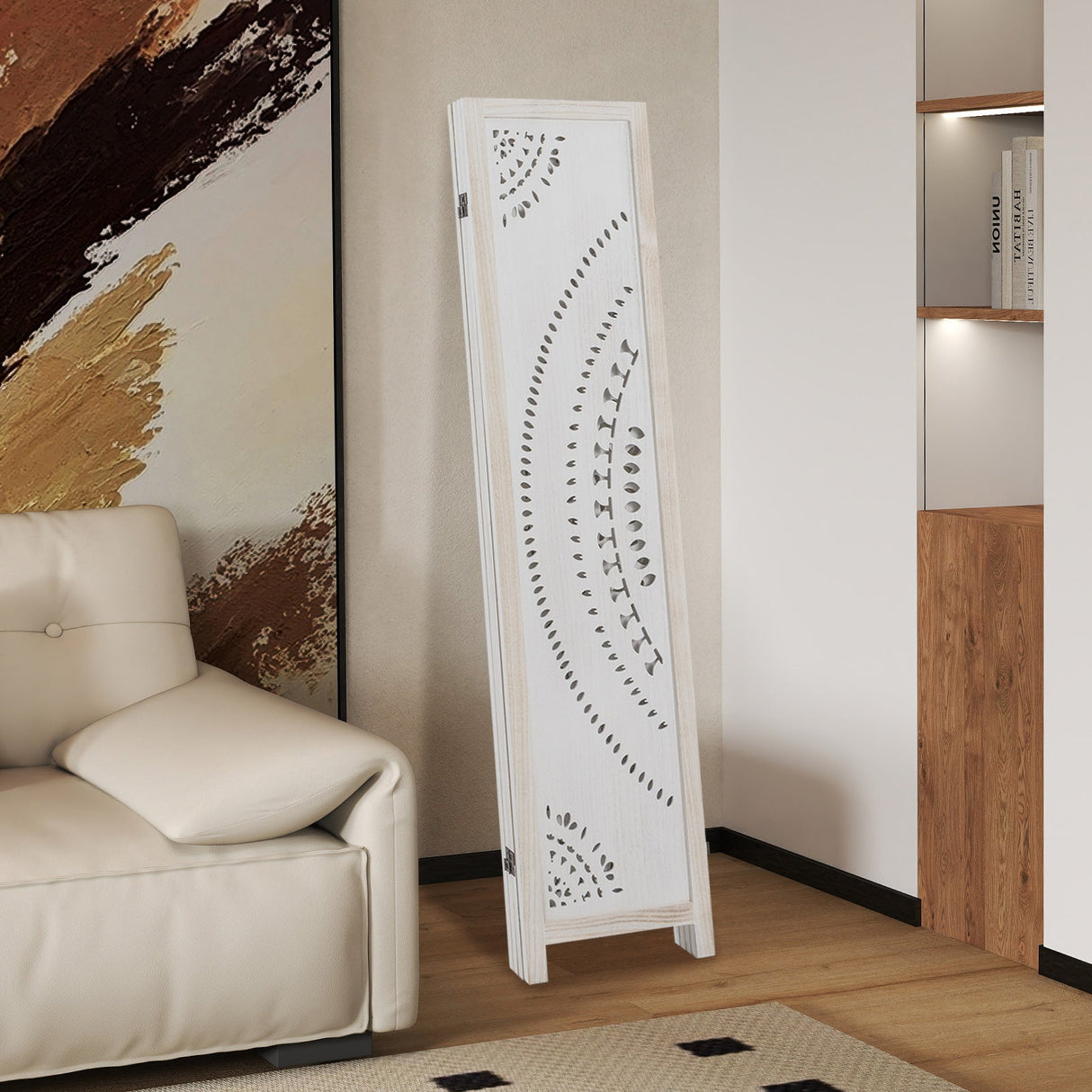 Divisor de habitación de 4 paneles estilo boho de 66 pulgadas con patrón tallado para privacidad