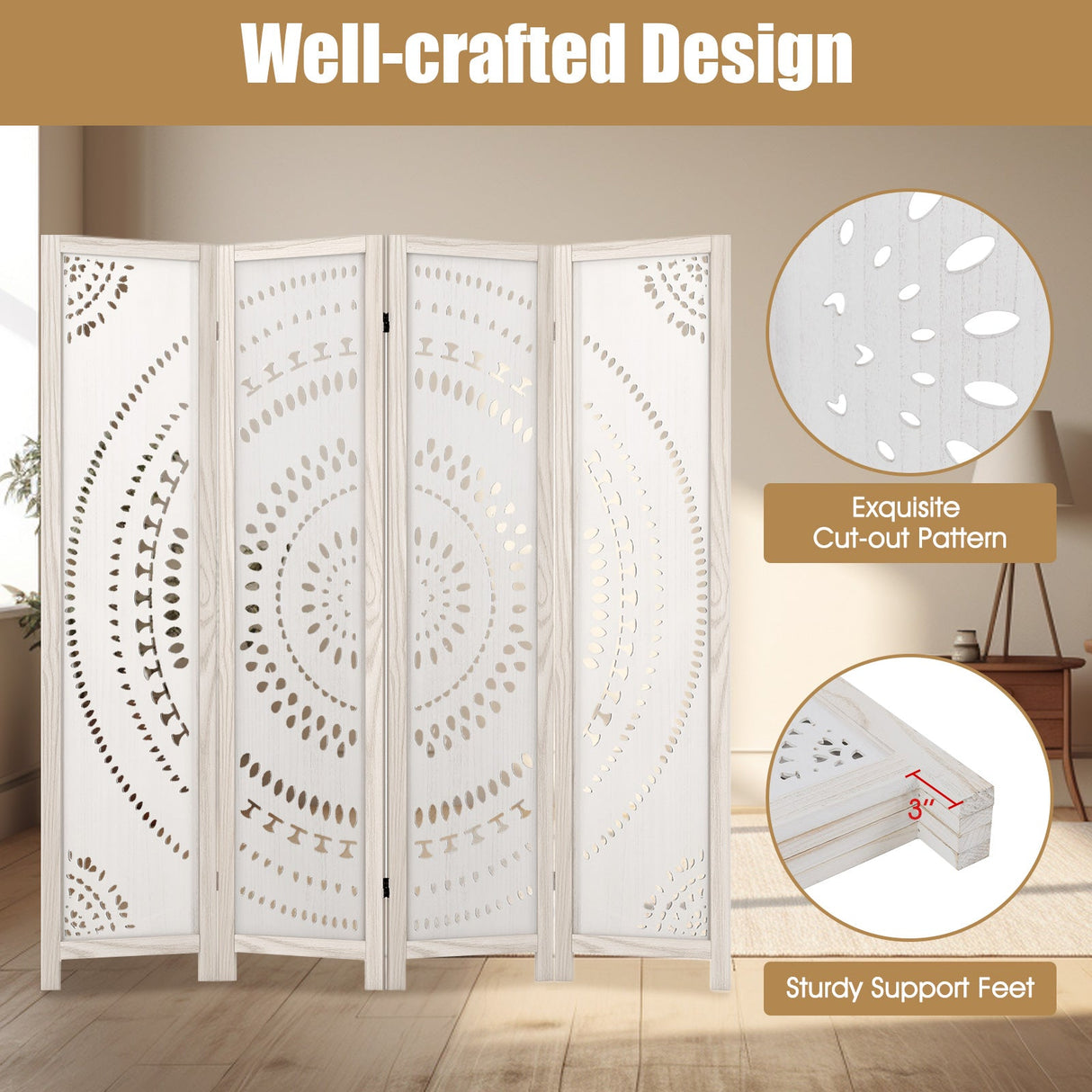 Divisor de habitación de 4 paneles estilo boho de 66 pulgadas con patrón tallado para privacidad