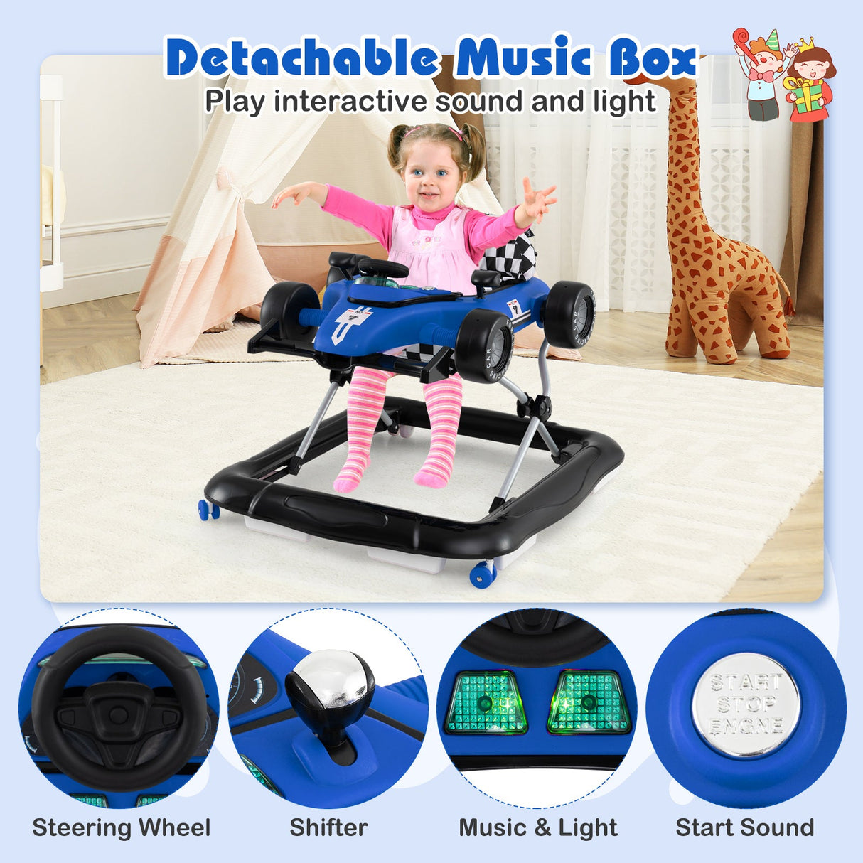 Andador de empuje para bebés 4 en 1, centro de actividades, altura ajustable con caja de música