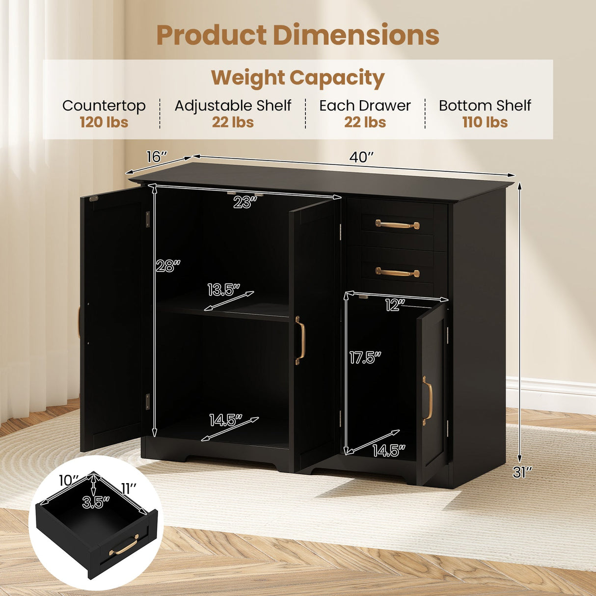 Aparador de cocina moderno de 40 pulgadas con 2 cajones y estante ajustable